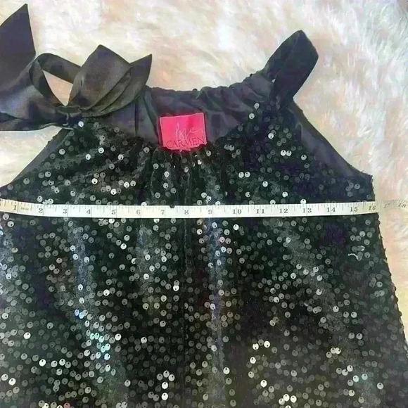 Love, Carmen Short Black Sequin Lined Dress w/ Satin Bow 100% Poly Womens Size 4 - Picture 9 of 13